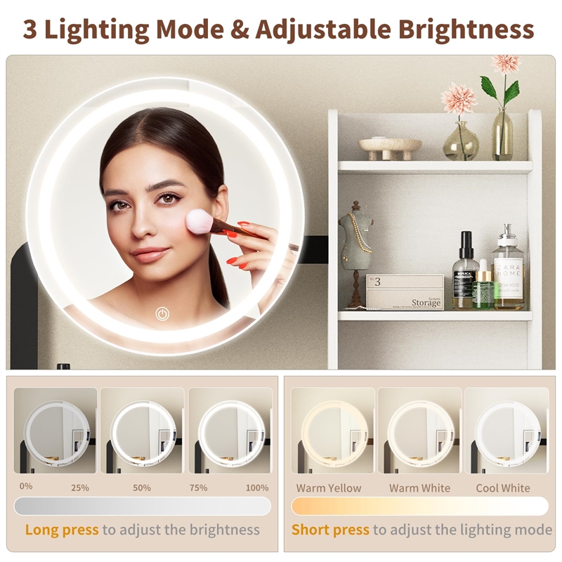 Small Vanity Desk with LED Mirror & Stool  Metal & Synthetic Wood (White & Black)