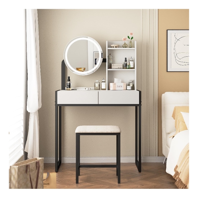Small Vanity Desk with LED Mirror & Stool  Metal & Synthetic Wood (White & Black)