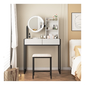 Small Vanity Desk with LED Mirror & Stool  Metal & Synthetic Wood (White & Black)