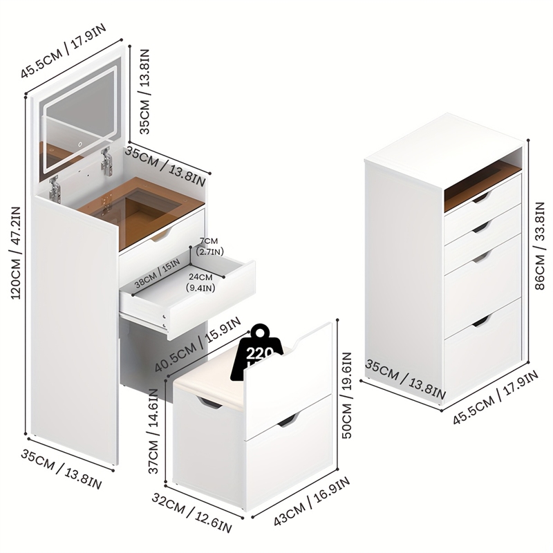 White Wood 3 in 1 Dressing Table Set with LED Mirror and Storage Stool