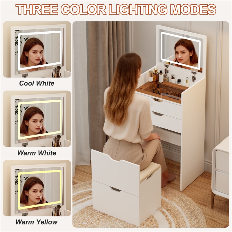 White Wood 3 in 1 Dressing Table Set with LED Mirror and Storage Stool
