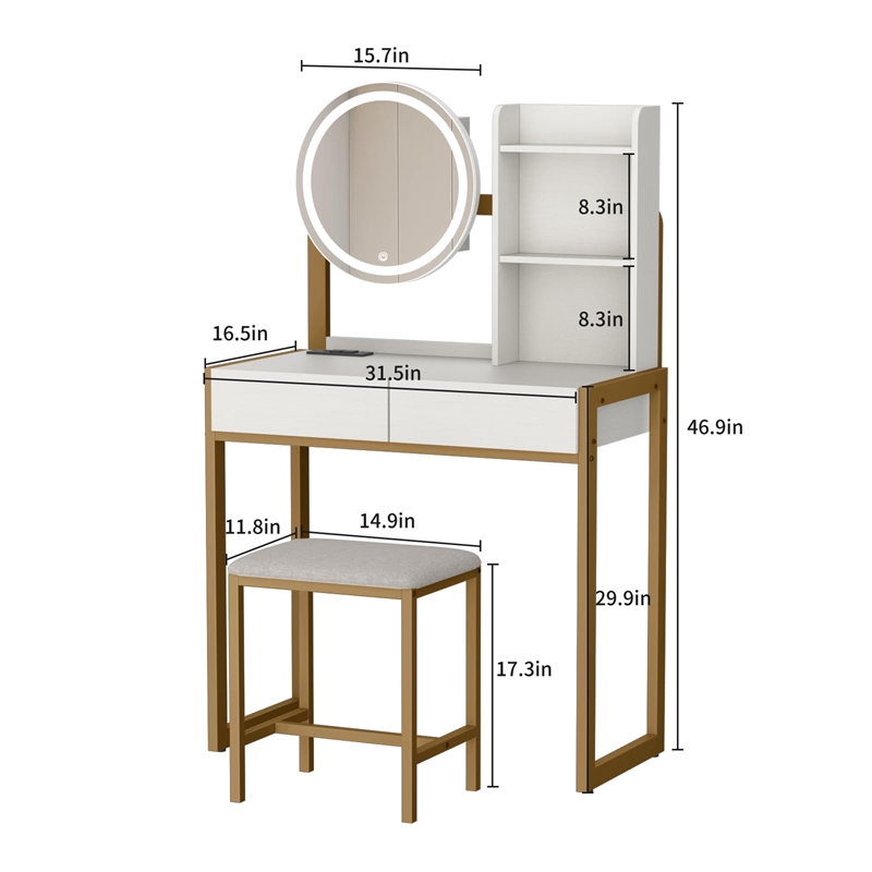 White Gold Metal Wood Vanity Desk with LED Mirror and Stool