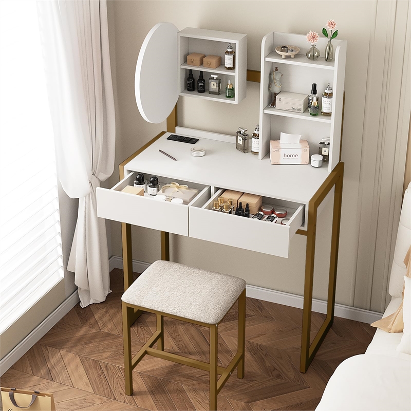 White Gold Metal Wood Vanity Desk with LED Mirror and Stool