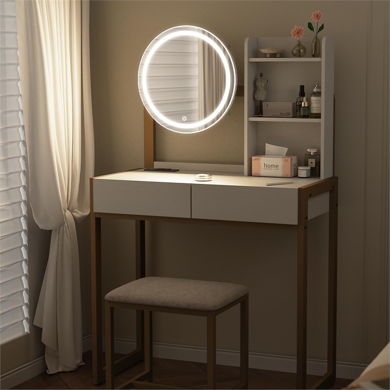 White Gold Metal Wood Vanity Desk with LED Mirror and Stool