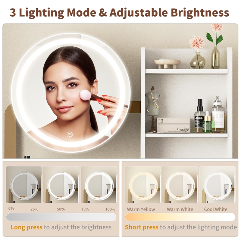 White Gold Metal Wood Vanity Desk with LED Mirror and Stool