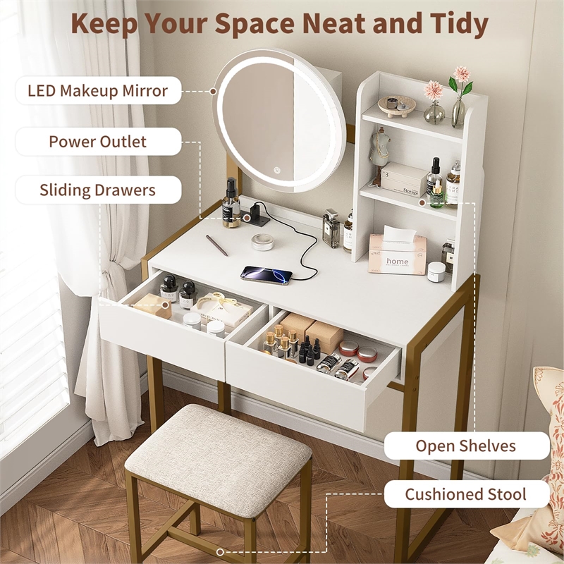 White Gold Metal Wood Vanity Desk with LED Mirror and Stool