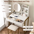 White Gold Metal Wood Vanity Desk with LED Mirror and Stool