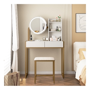 White Gold Metal Wood Vanity Desk with LED Mirror and Stool