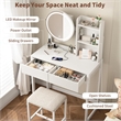 White Metal & Wood Vanity Desk with LED MirrorPower Outlet & Stool