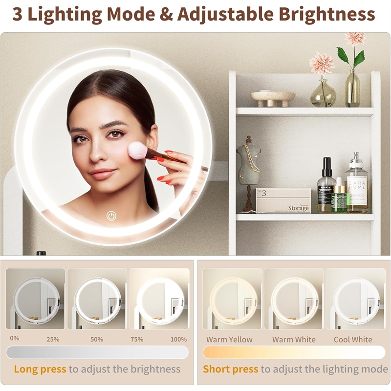 White Metal & Wood Vanity Desk with LED MirrorPower Outlet & Stool