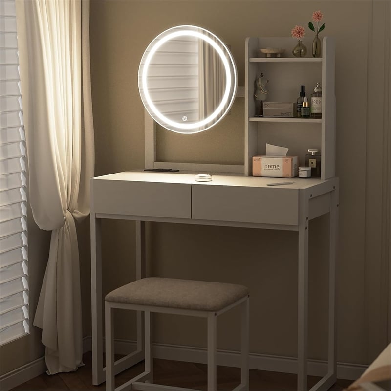 White Metal & Wood Vanity Desk with LED MirrorPower Outlet & Stool