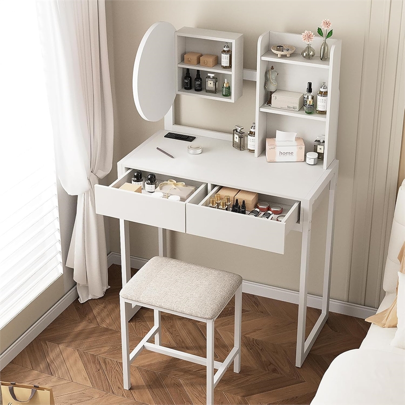 White Metal & Wood Vanity Desk with LED MirrorPower Outlet & Stool