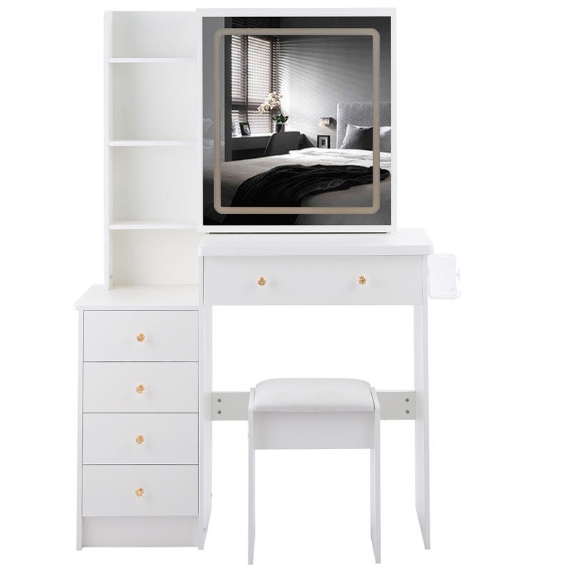 White wood 37  Vanity Table Set with LED Mirror Stool and Power Outlet