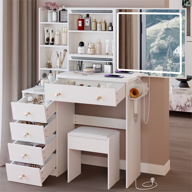 White wood 37  Vanity Table Set with LED Mirror Stool and Power Outlet