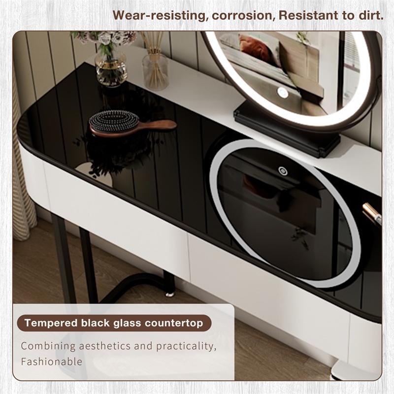 Modern White Wood Vanity Table with Glass Top Mirror