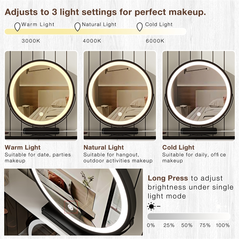 Modern White Wood Vanity Table with Glass Top Mirror