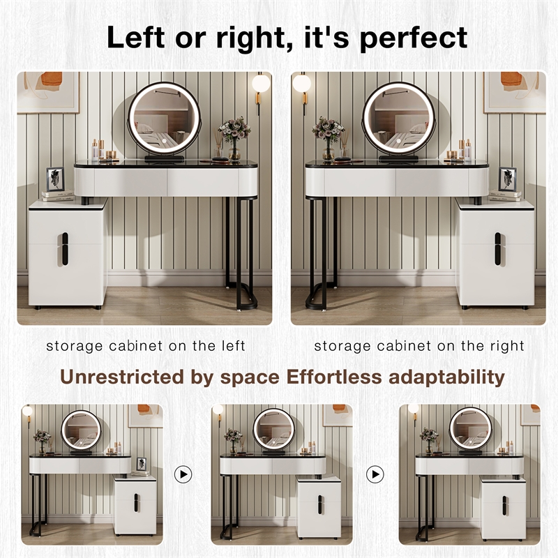 Modern White Wood Vanity Table with Glass Top Mirror