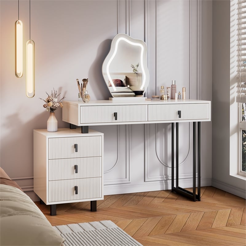 White wood Adjustable Length Vanity with Cloud LED Mirror and Storage Cabinet
