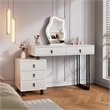 White wood Adjustable Length Vanity with Cloud LED Mirror and Storage Cabinet
