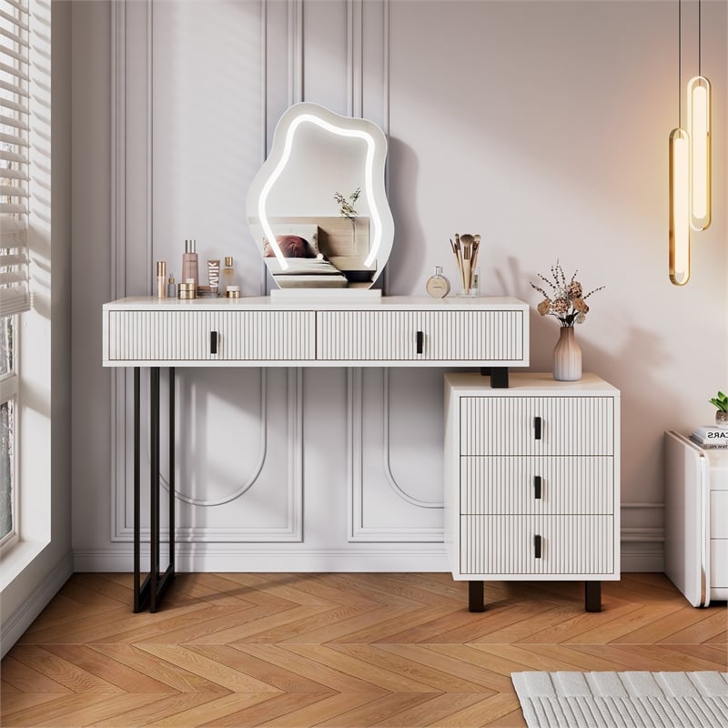 White wood Adjustable Length Vanity with Cloud LED Mirror and Storage Cabinet