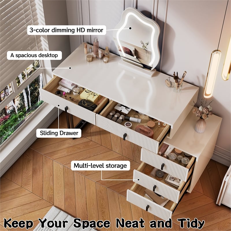 White wood Adjustable Length Vanity with Cloud LED Mirror and Storage Cabinet