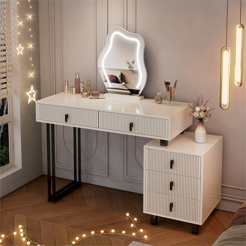 White wood Adjustable Length Vanity with Cloud LED Mirror and Storage Cabinet