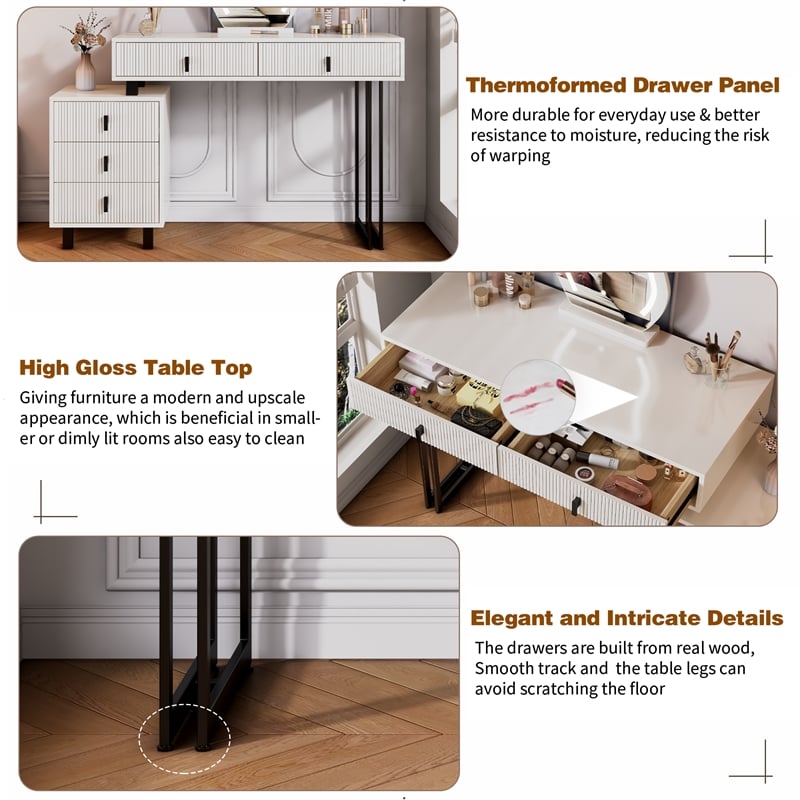 White wood Adjustable Length Vanity with Cloud LED Mirror and Storage Cabinet