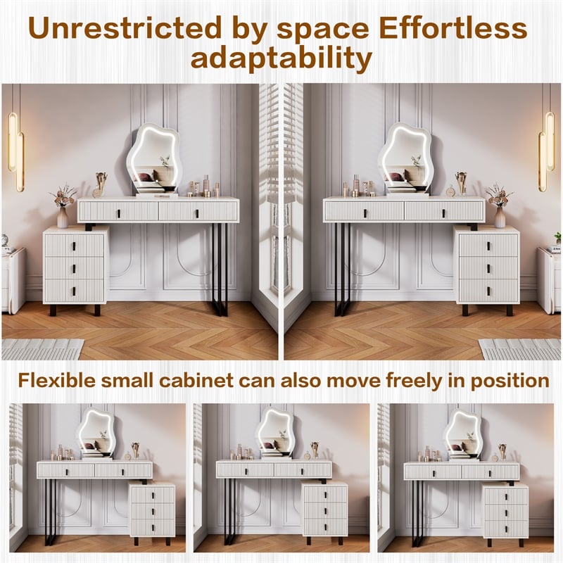 White wood Adjustable Length Vanity with Cloud LED Mirror and Storage Cabinet