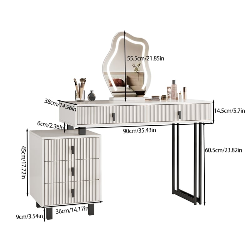 White wood Adjustable Length Vanity with Cloud LED Mirror and Storage Cabinet