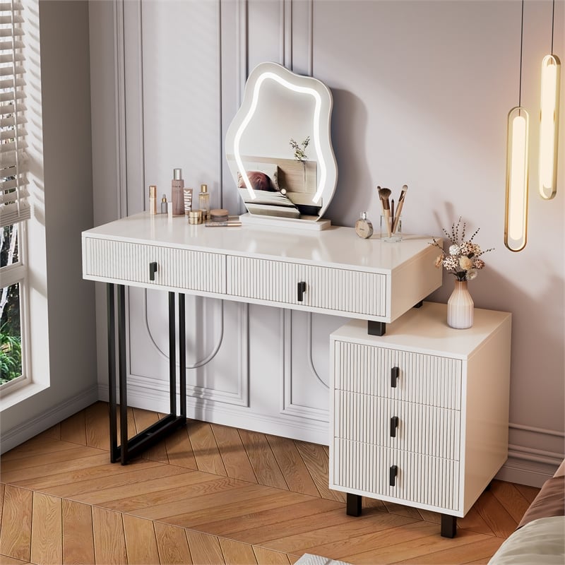 White wood Adjustable Length Vanity with Cloud LED Mirror and Storage Cabinet