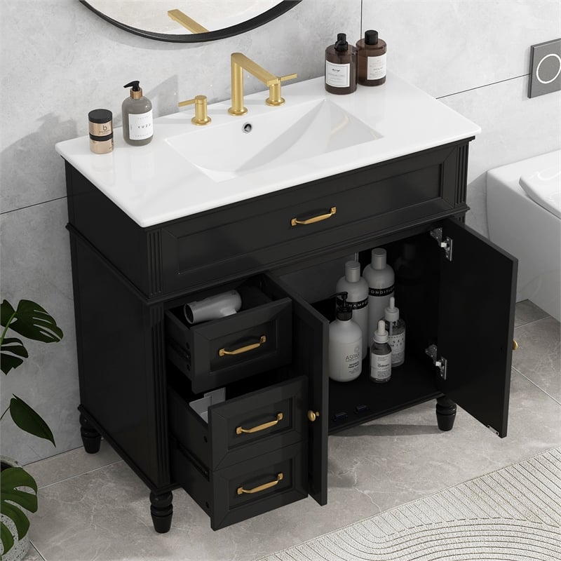 36 Black Solid Wood Bathroom Vanity with Sink and Storage Drawers