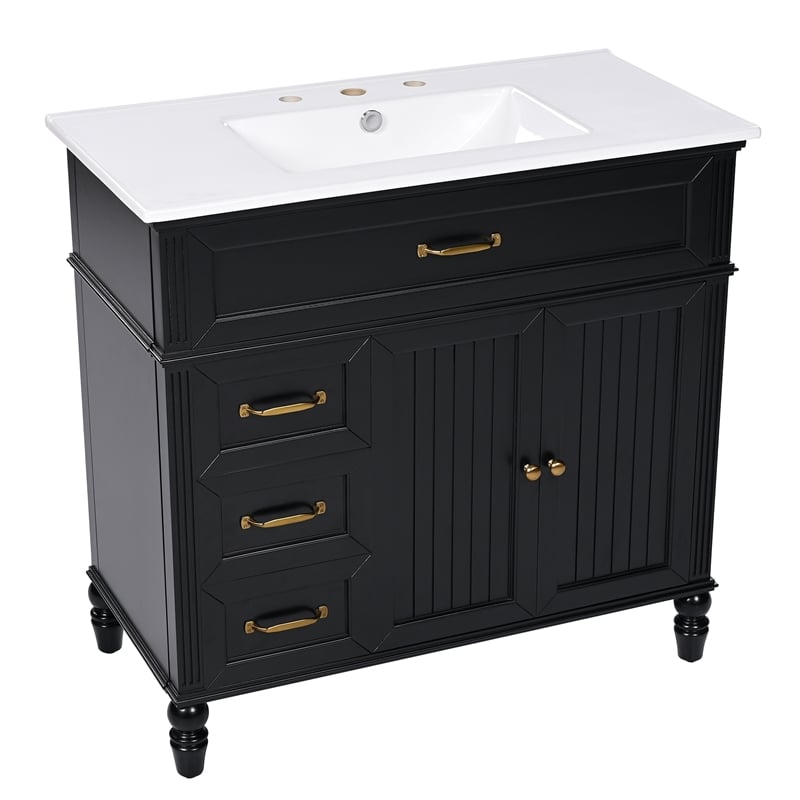 36 Black Solid Wood Bathroom Vanity with Sink and Storage Drawers
