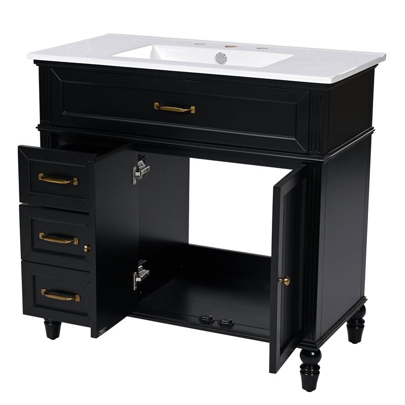 36 Black Solid Wood Bathroom Vanity with Sink and Storage Drawers