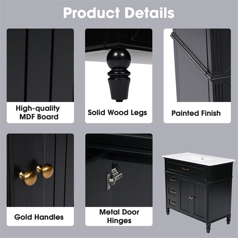 36 Black Solid Wood Bathroom Vanity with Sink and Storage Drawers