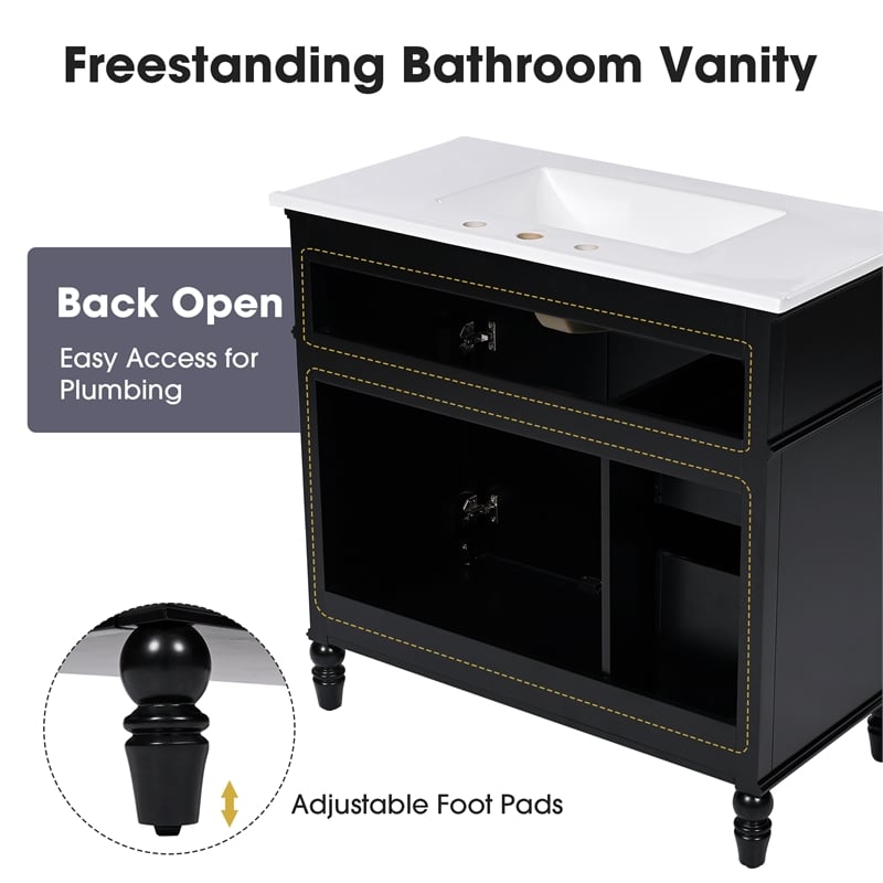 36 Black Solid Wood Bathroom Vanity with Sink and Storage Drawers