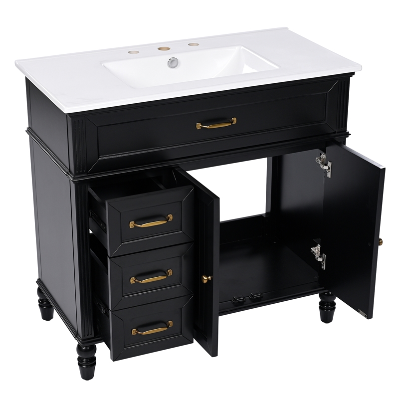 36 Black Solid Wood Bathroom Vanity with Sink and Storage Drawers