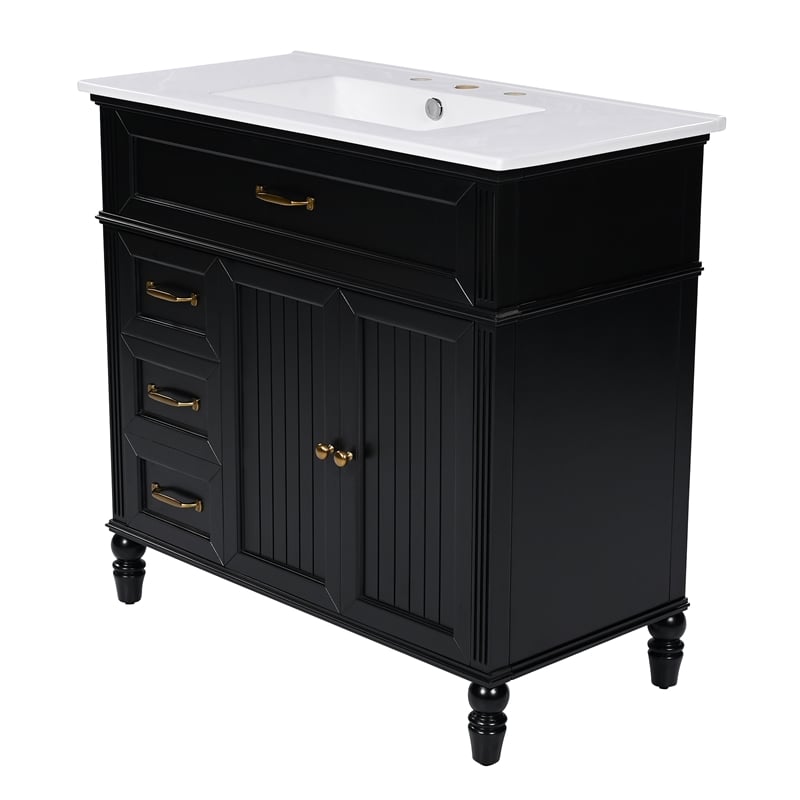 36 Black Solid Wood Bathroom Vanity with Sink and Storage Drawers