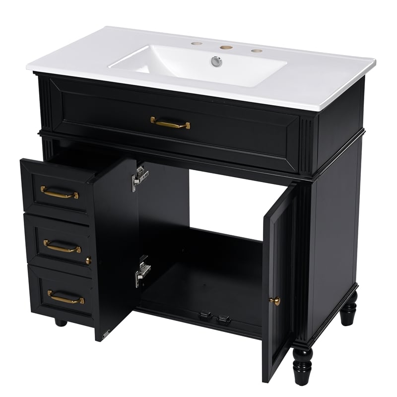 36 Black Solid Wood Bathroom Vanity with Sink and Storage Drawers