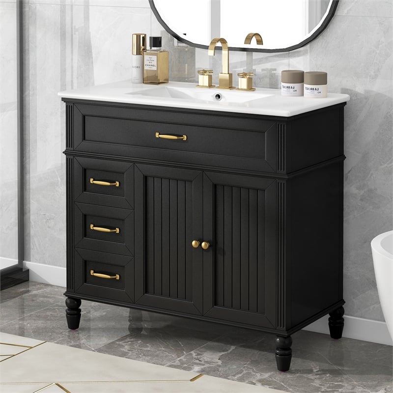 36 Black Solid Wood Bathroom Vanity with Sink and Storage Drawers