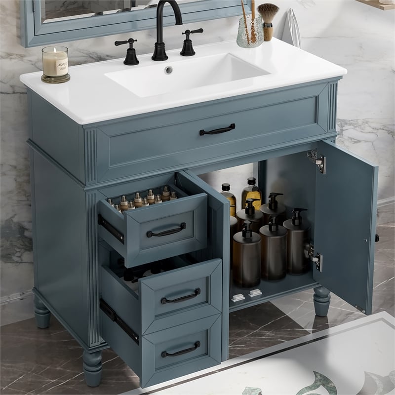 36 Gray  Solid Wood Bathroom Vanity with Sink and Storage Drawers