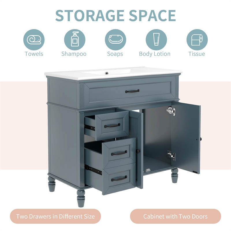 36 Gray  Solid Wood Bathroom Vanity with Sink and Storage Drawers