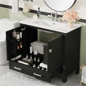 36 Black Solid Wood Bathroom Vanity with Storage Shelves Divided Drawer