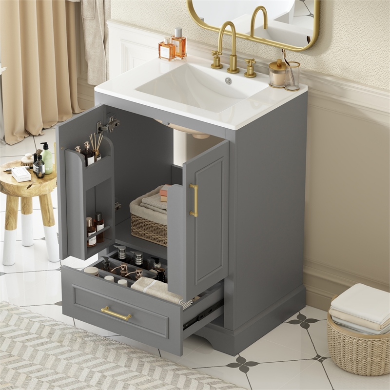 24  Gray Solid Wood  Bathroom Vanity with Sink  Soft Close Doors Natural
