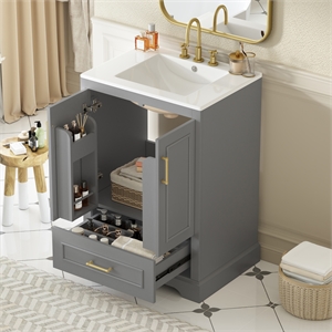 24  Gray Solid Wood  Bathroom Vanity with Sink  Soft Close Doors Natural