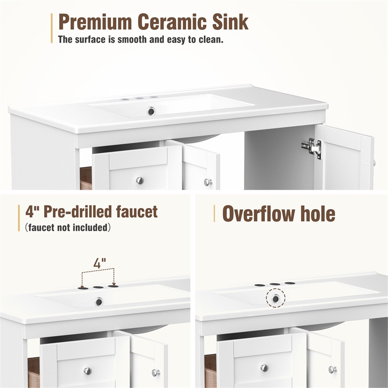 36 Shaker Style Free-Standing bathroom  White Solid Wood Vanity