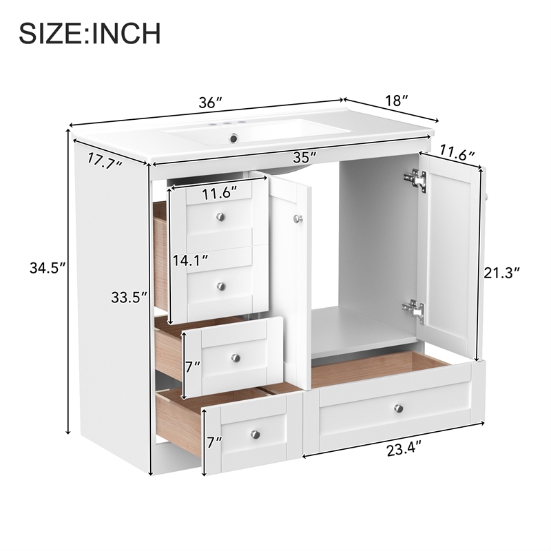 36 Shaker Style Free-Standing bathroom  White Solid Wood Vanity