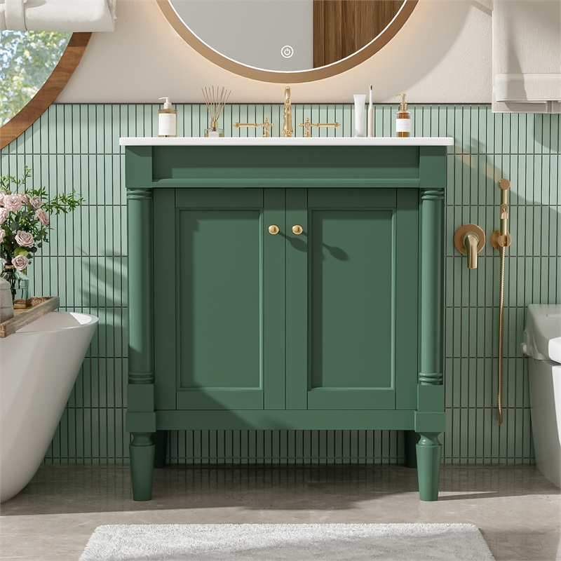 30 Green Solid Wood Bathroom Vanity with ceramic Sink and  Cabinet