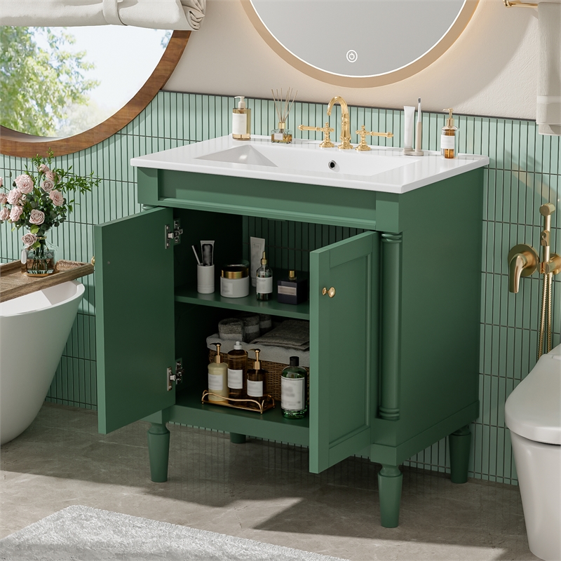 30 Green Solid Wood Bathroom Vanity with ceramic Sink and  Cabinet