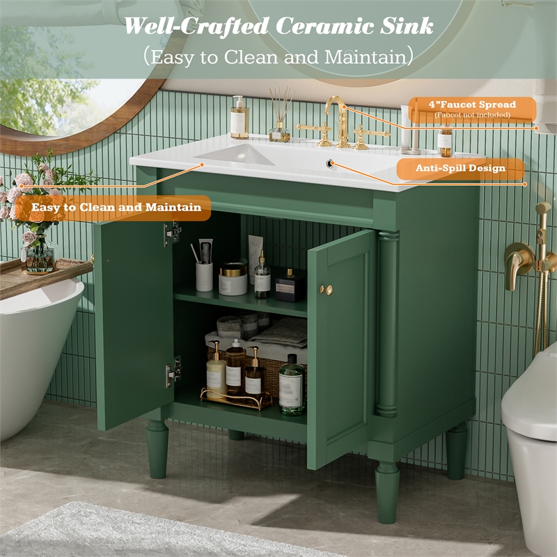 30 Green Solid Wood Bathroom Vanity with ceramic Sink and  Cabinet