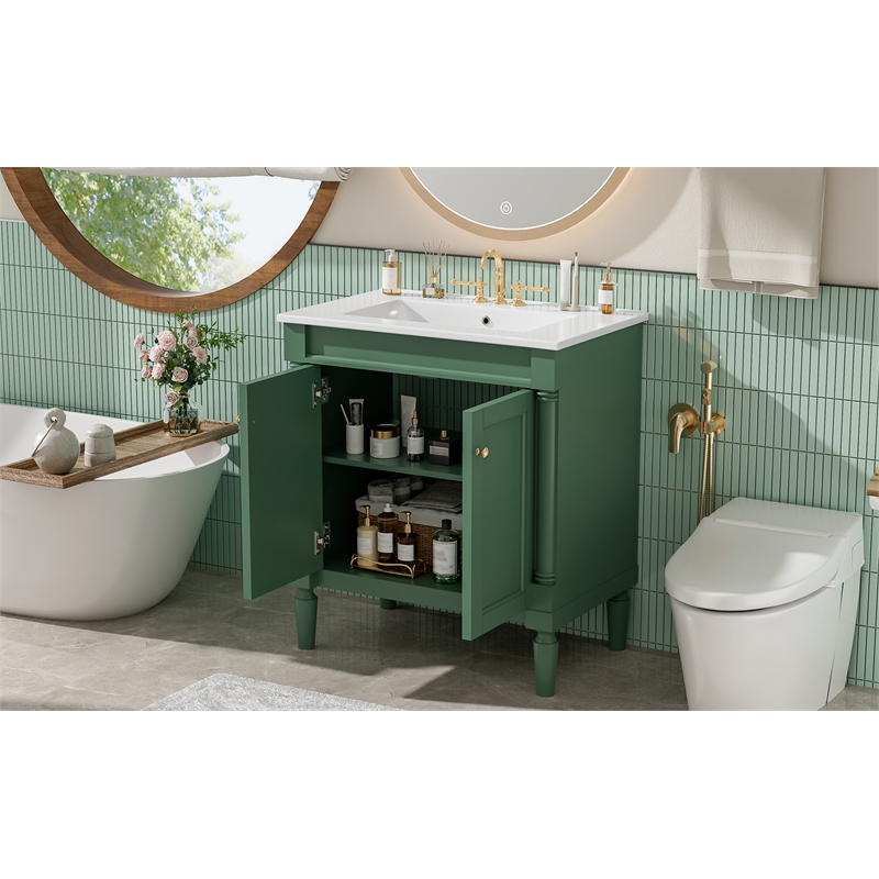 30 Green Solid Wood Bathroom Vanity with ceramic Sink and  Cabinet